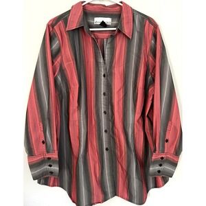 Denim 24/7 Shirt Womens‎ 26W Red Gray Button Up Long Sleeve Striped Plus Size
